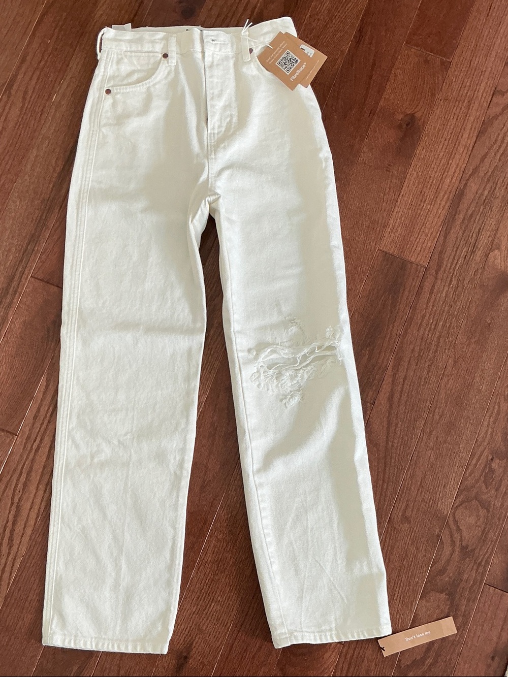 Reformation Cream Straight-Leg Jeans with Knee Distress